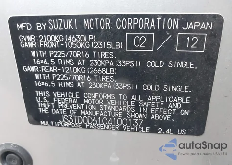 2012 Suzuki Grand Vitara Premium из США, поврежденный, VIN JS3TD0D61C4100137